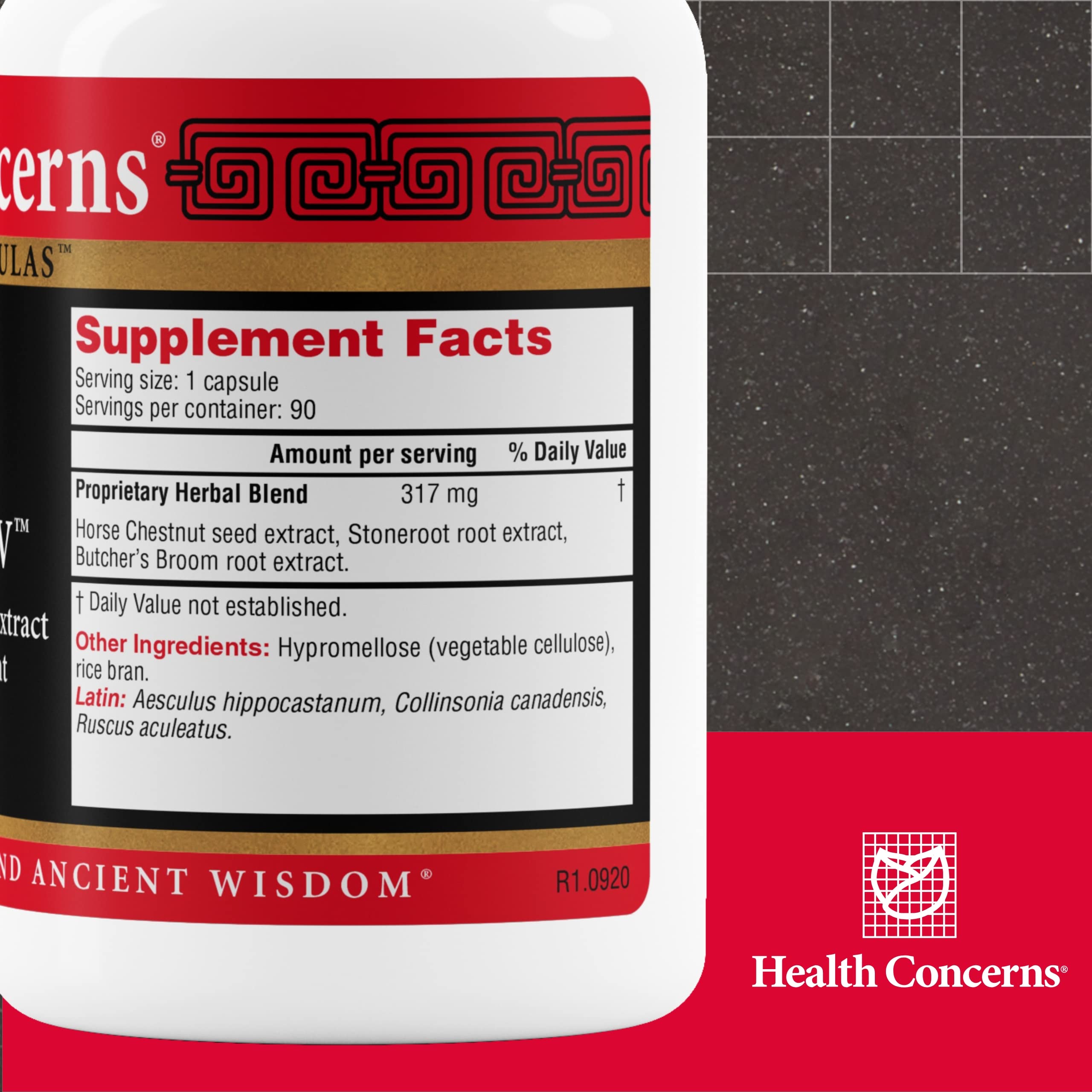 Health Concerns Formula V bottle back shows ingredient notes and purpose