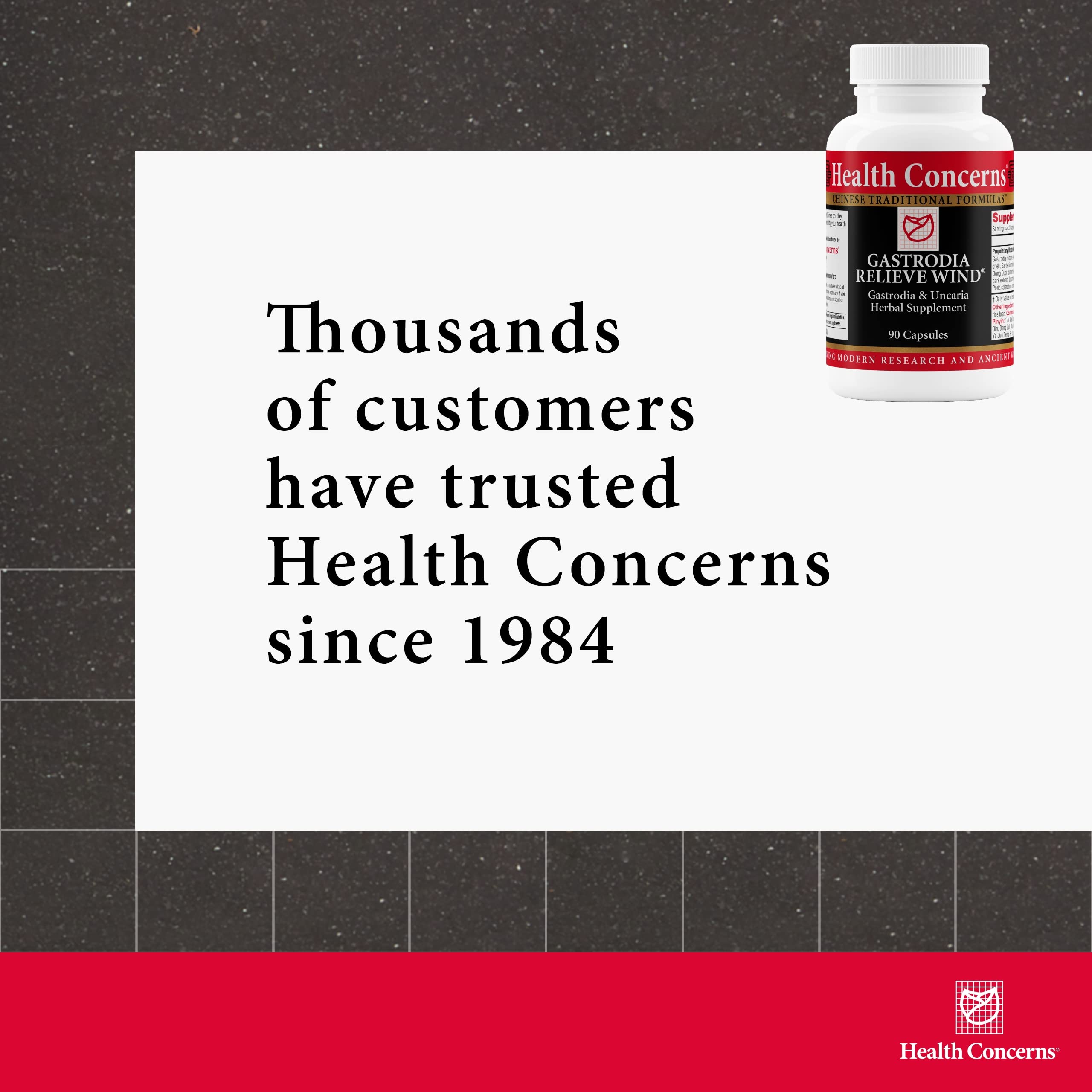 Health Concerns Gastrodia Relieve Wind bottle shows 90-serving label