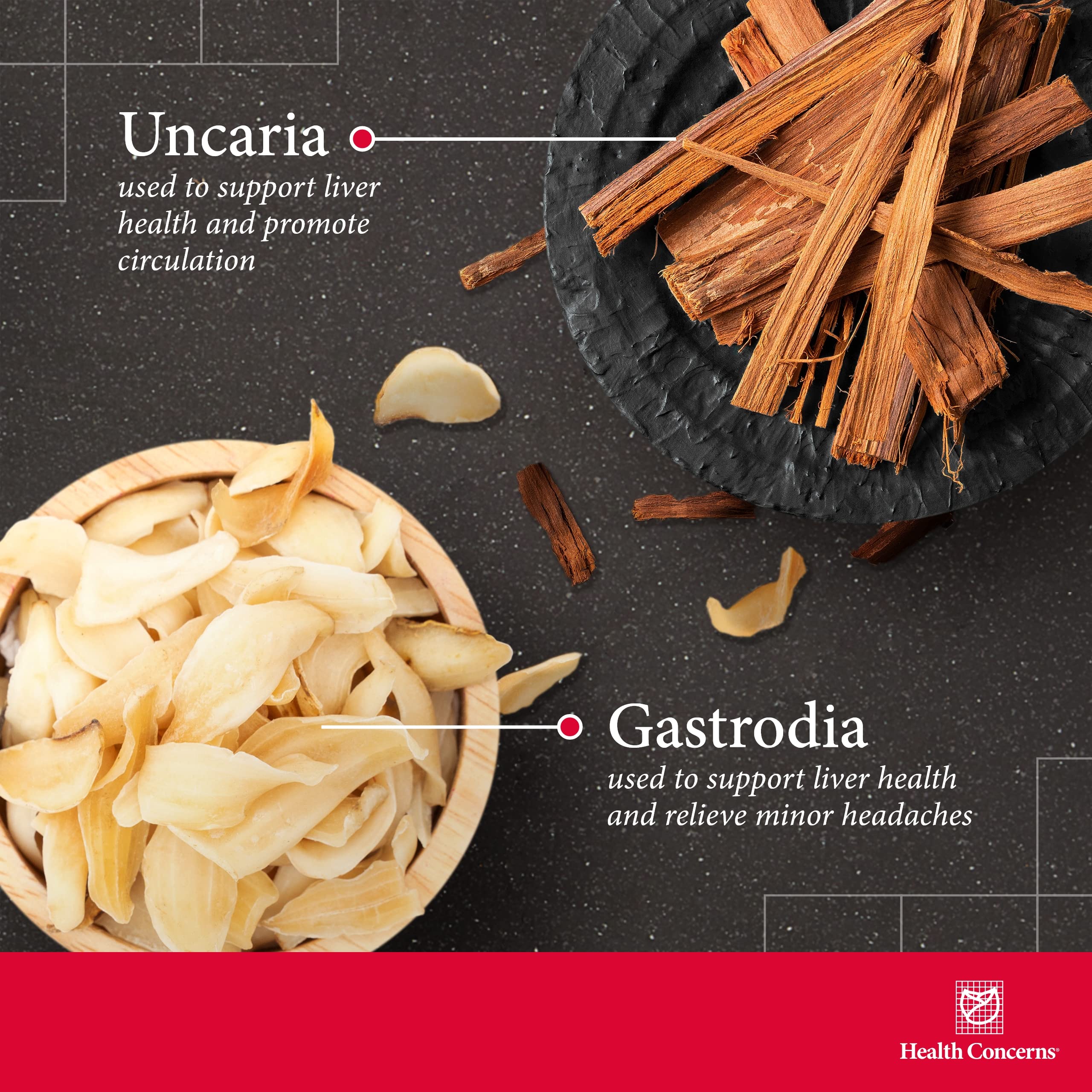 Health Concerns Gastrodia Relieve Wind label close-up highlighting liver balance ingredients