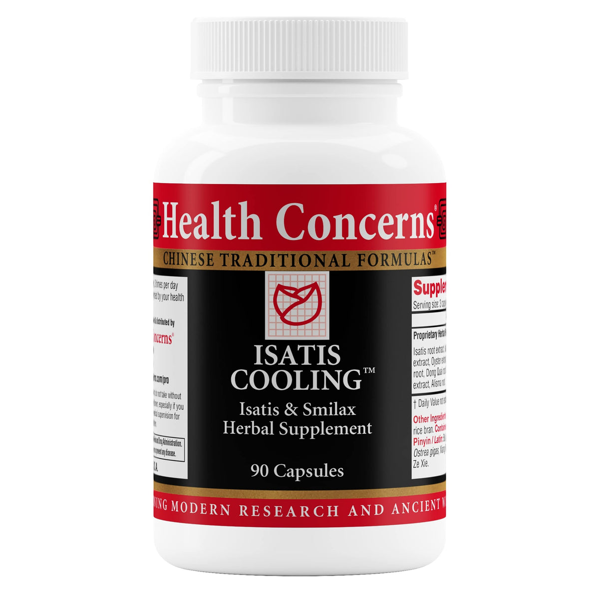 Health Concerns Isatis Cooling bottle with label, highlighting a cooling herbal blend for daily balance.