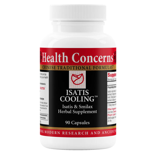 Health Concerns Isatis Cooling bottle with label, highlighting a cooling herbal blend for daily balance.