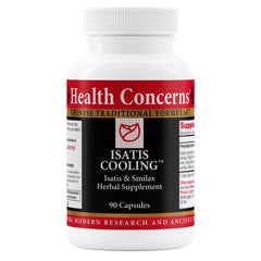 Health Concerns Isatis Cooling bottle with label, highlighting a cooling herbal blend for daily balance.