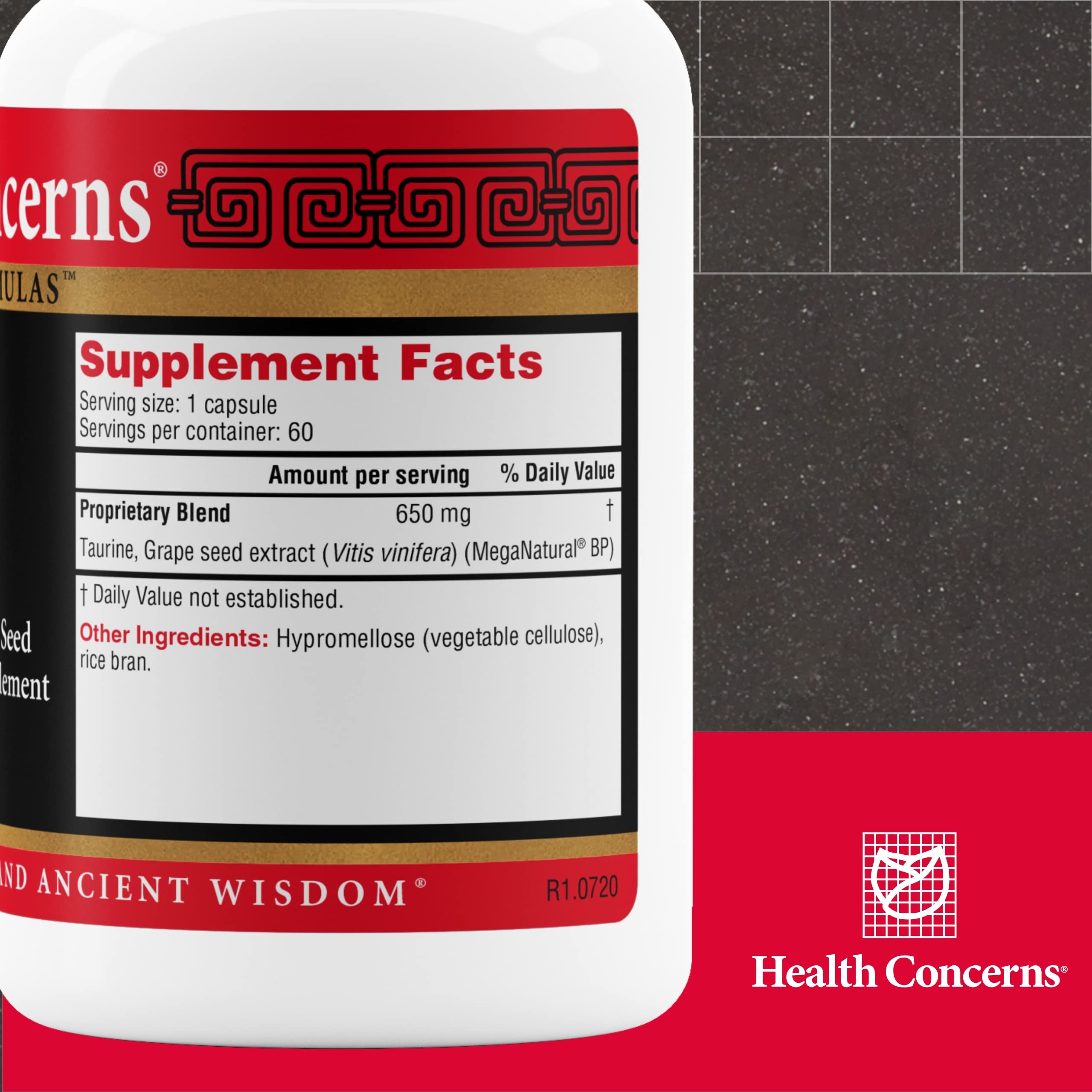 Health Concerns meganatural grape-seed capsule highlights MegaNatural extract for antioxidant vascular protection.