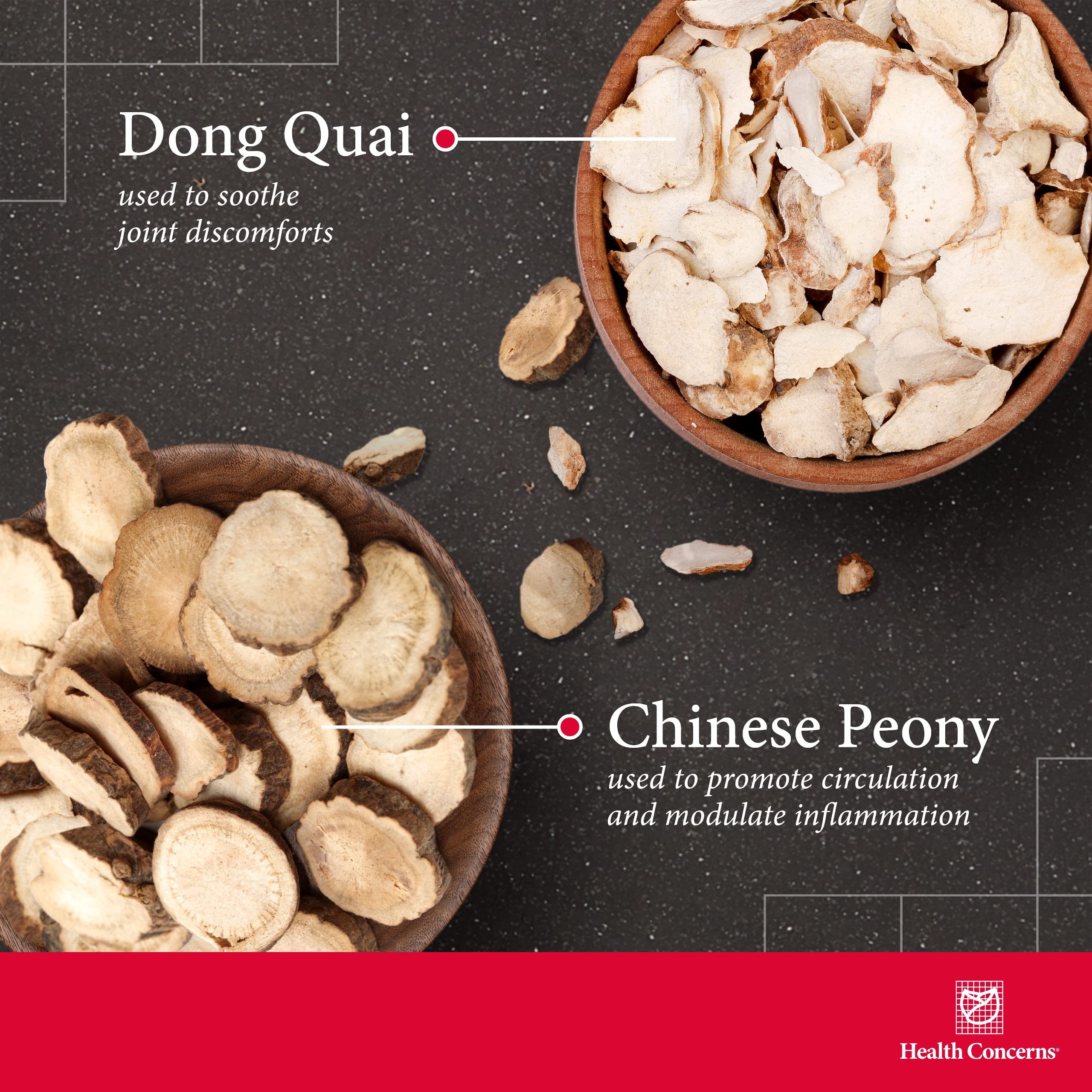 Health Concerns Mobility 2 ingredients highlights Chinese Peony and Dong Quai.