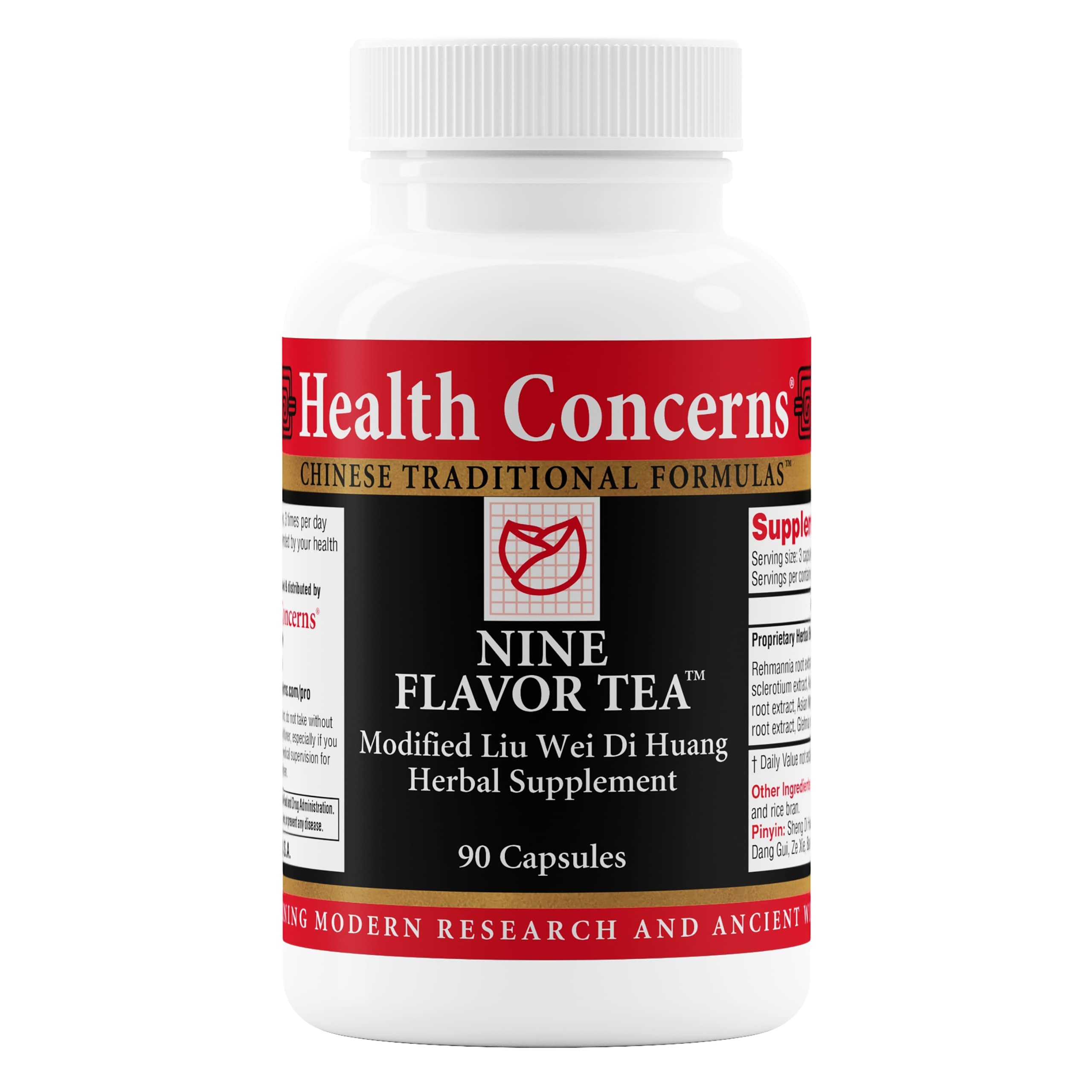 Health Concerns Nine Flavor Tea bottle close-up highlighting the herbal blend for daily immune support