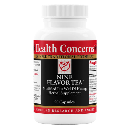 Health Concerns Nine Flavor Tea bottle close-up highlighting the herbal blend for daily immune support