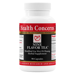 Health Concerns Nine Flavor Tea bottle close-up highlighting the herbal blend for daily immune support