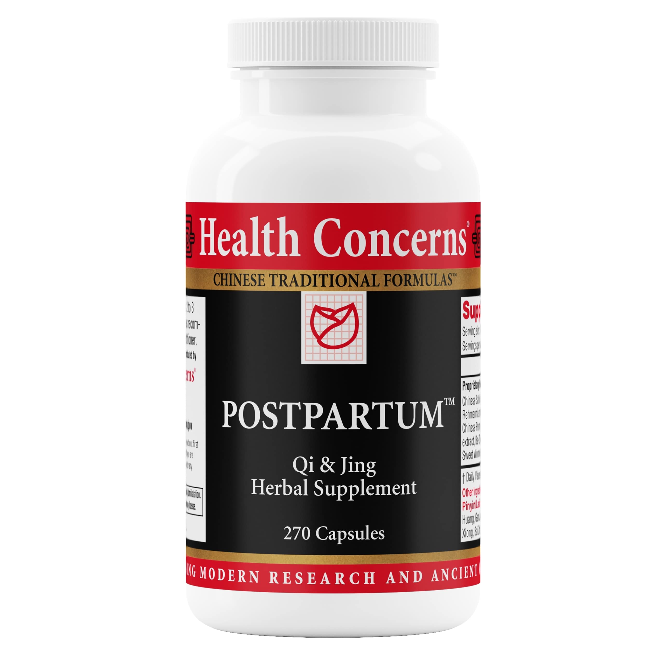 Health Concerns postpartum recovery bottle with capsules supporting postnatal healing