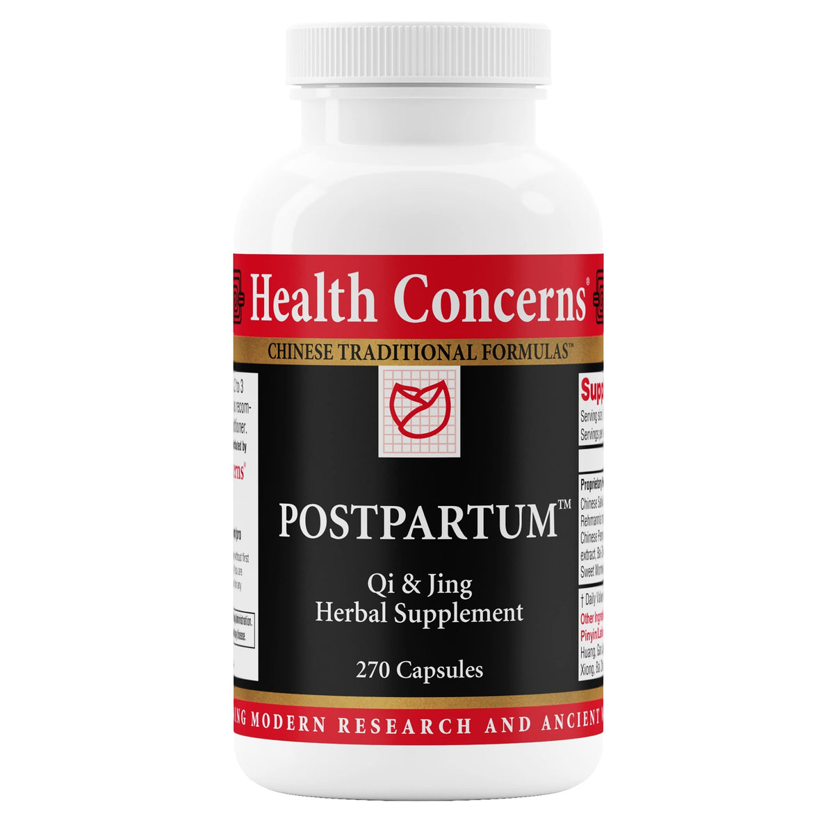 Health Concerns postpartum recovery bottle with capsules supporting postnatal healing