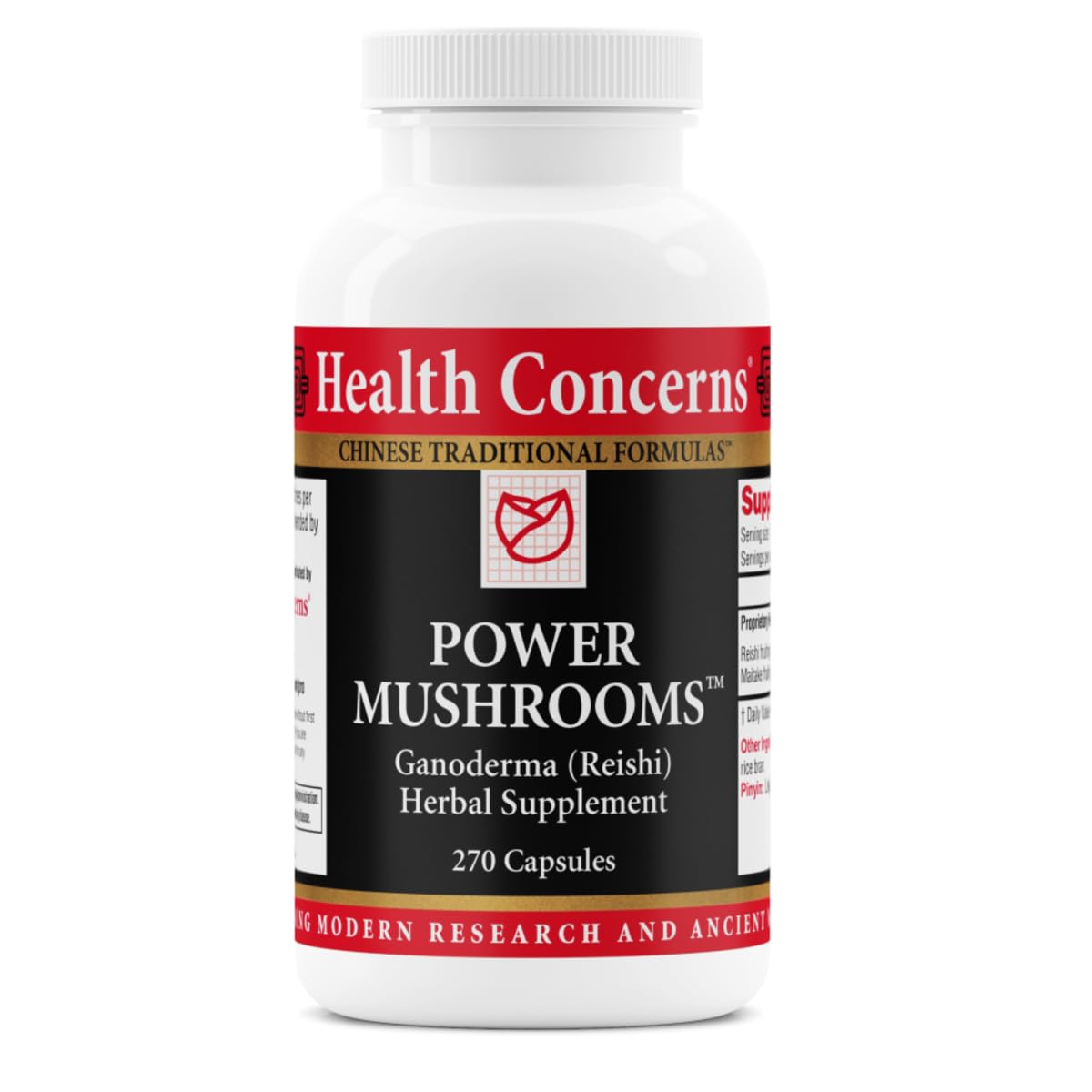 Health Concerns Power Mushrooms bottle front shows an immune-support blend for daily vitality.