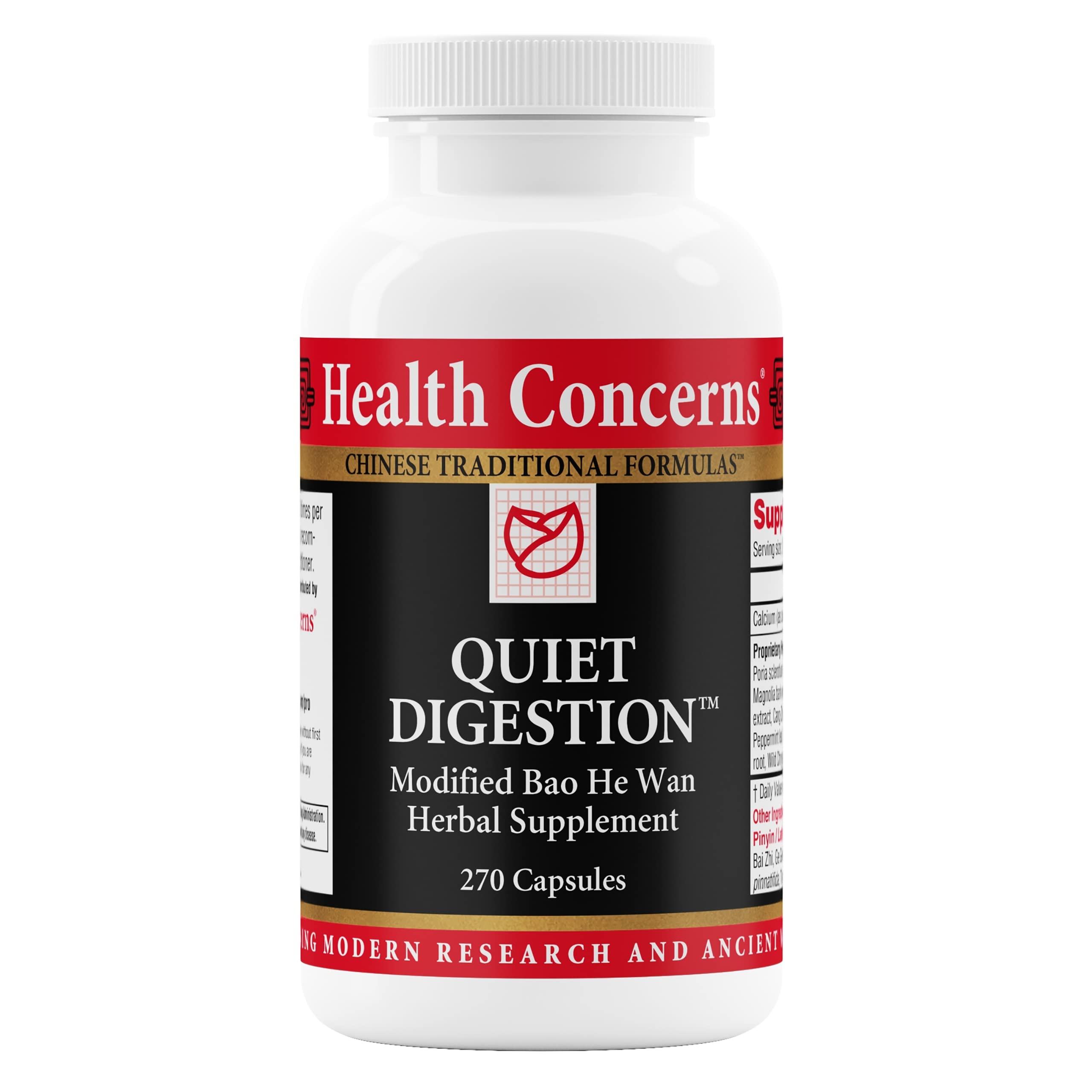 Health Concerns Quiet Digestion bottle shows herbal blend for soothing digestion and daily gut balance