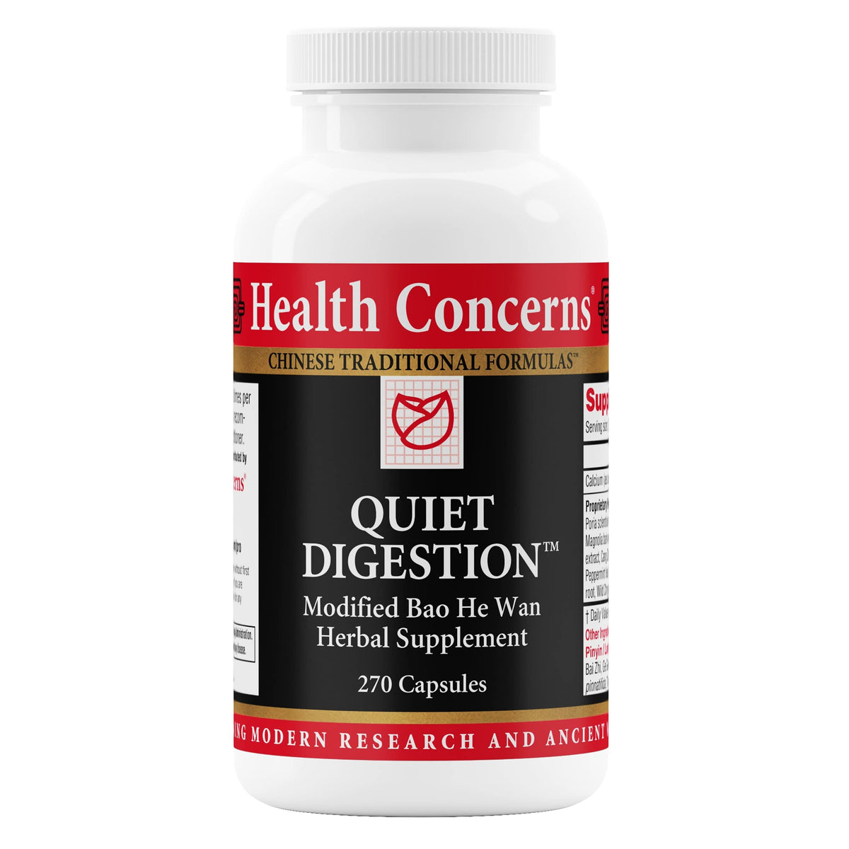 Health Concerns Quiet Digestion bottle shows herbal blend for soothing digestion and daily gut balance