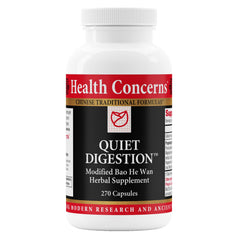 Health Concerns Quiet Digestion bottle shows herbal blend for soothing digestion and daily gut balance