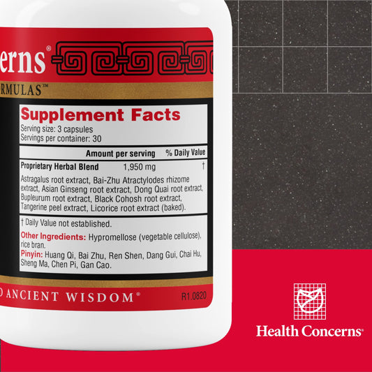 Health Concerns Raise Qi bottle label with astragalus, ginseng, dong quai blend