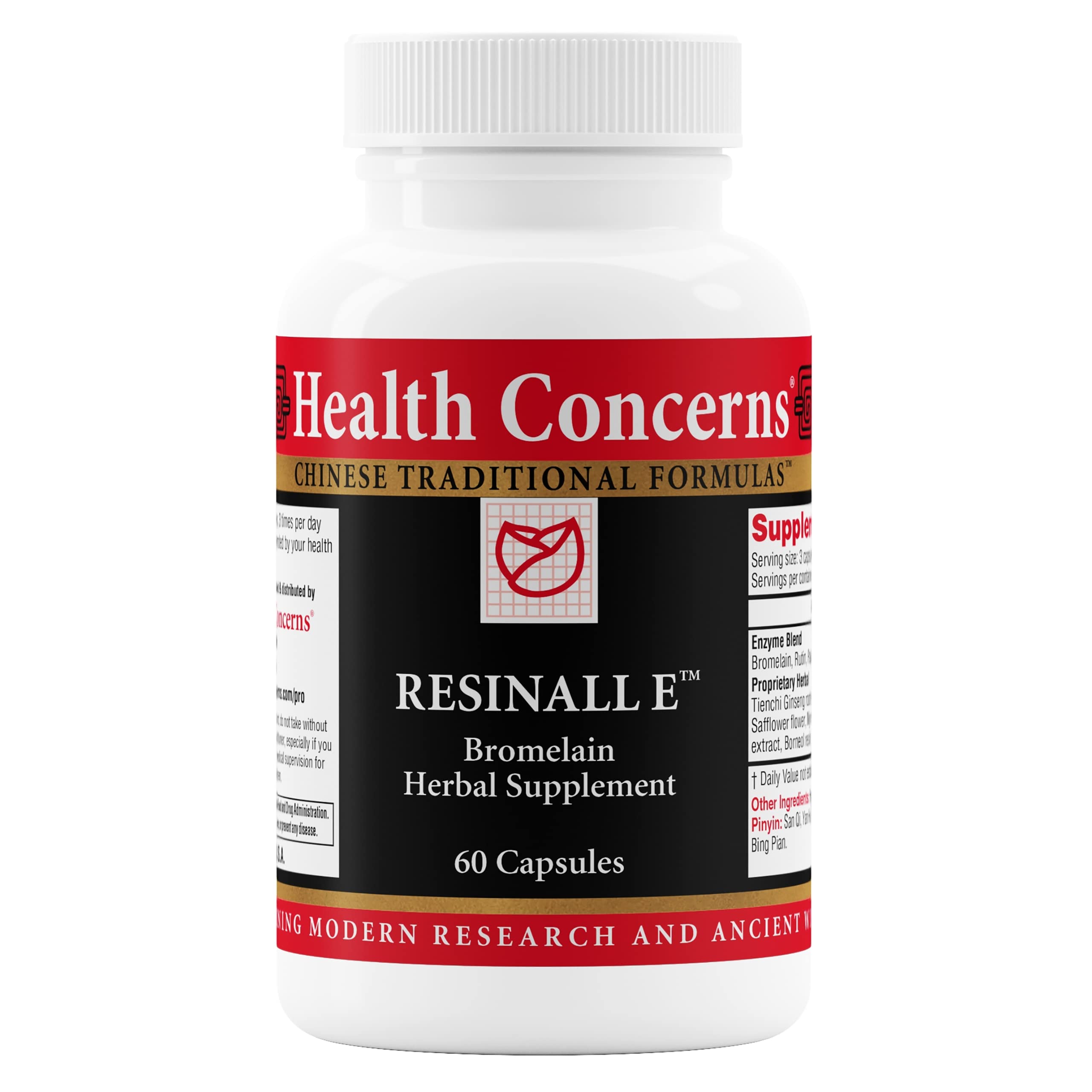 Health Concerns Resinall E bottle front showing herbal enzyme blend for recovery support.