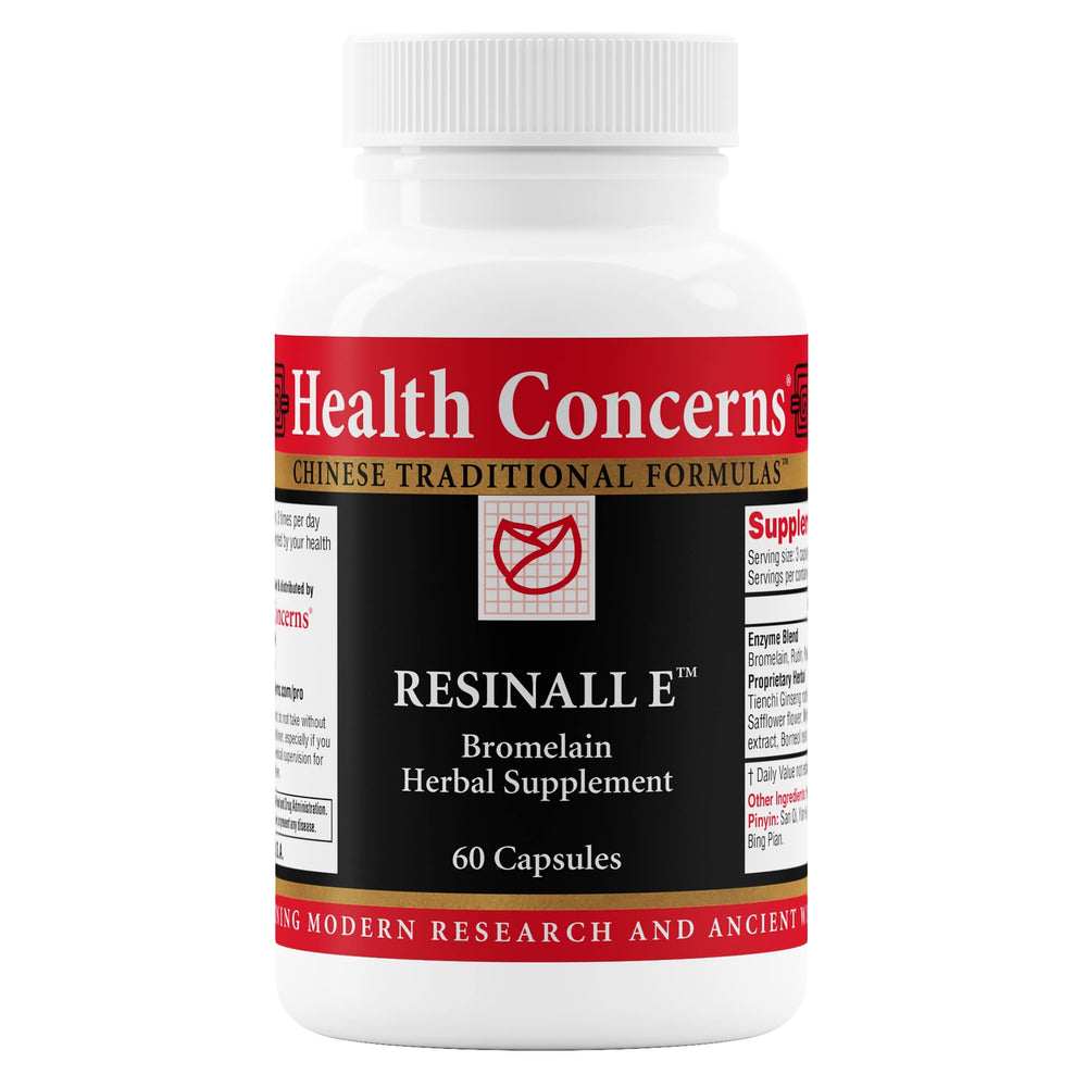Health Concerns Resinall E bottle front showing herbal enzyme blend for recovery support.