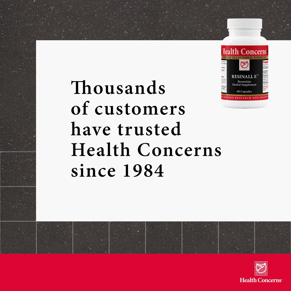 Health Concerns Resinall E beside sport gear suggests pre-activity support option.