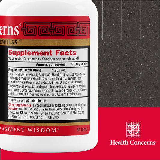 Health Concerns Shu Gan capsules close-up for gentle digestion support.