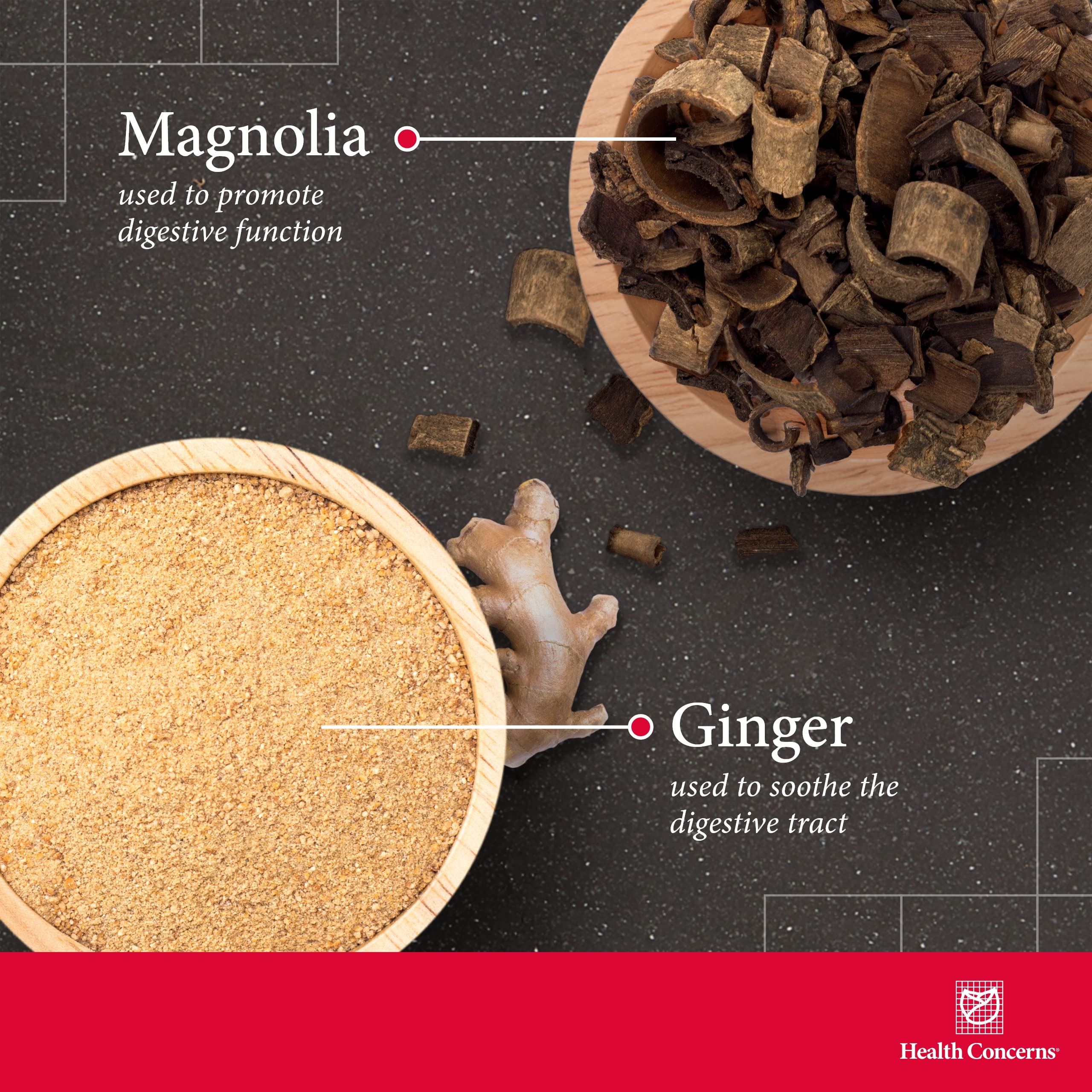 Health Concerns Stomach Caps magnolia bark illustrates herbal comfort.