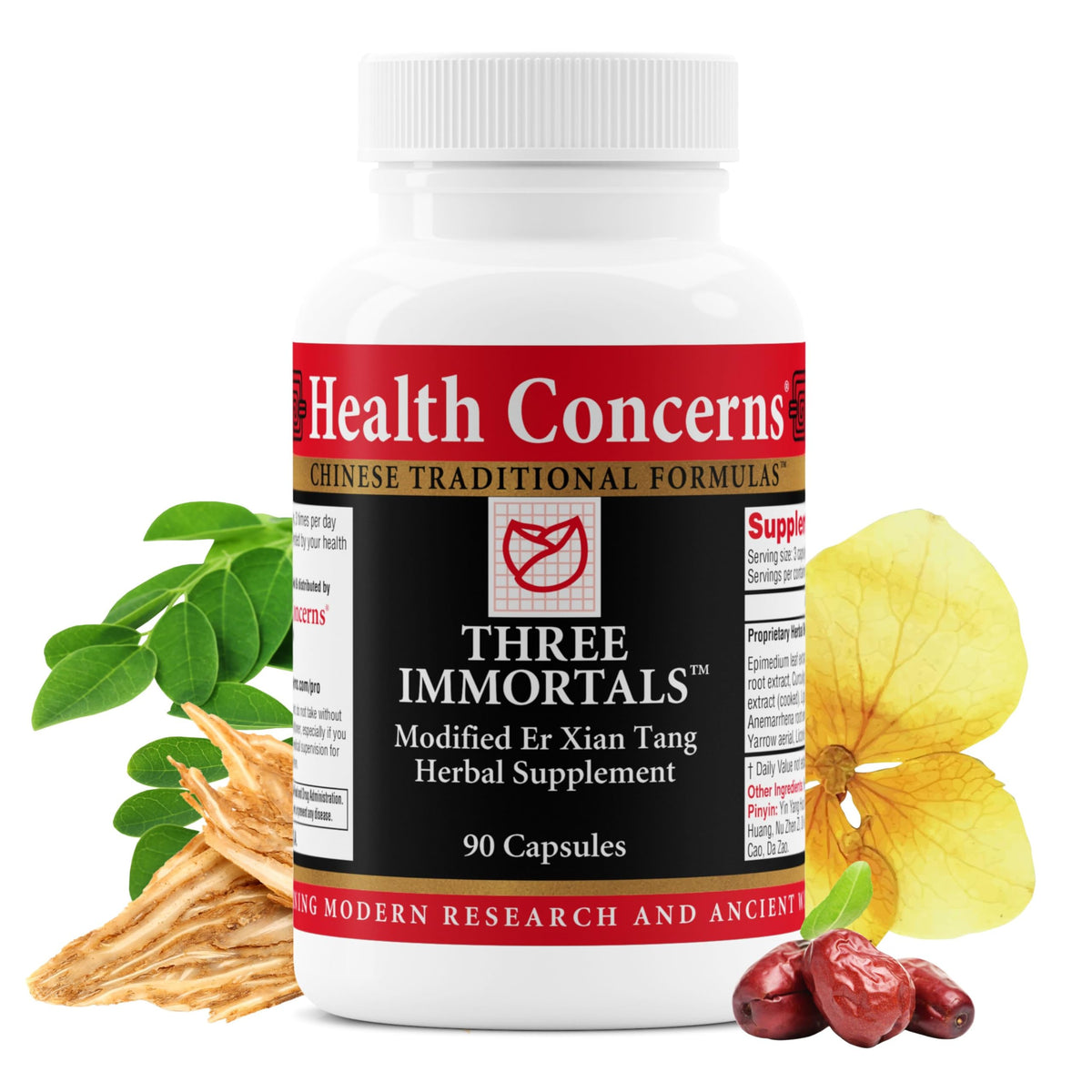 Health Concerns Three Immortals bottle with capsules for menopause support.