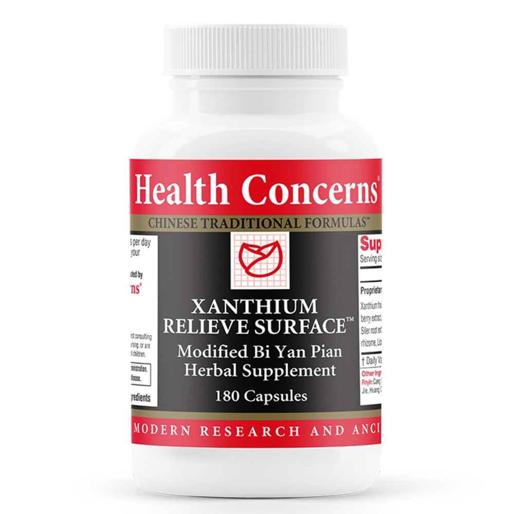 Health Concerns Xanthium Relieve Surface bottle with herbal sinus support.