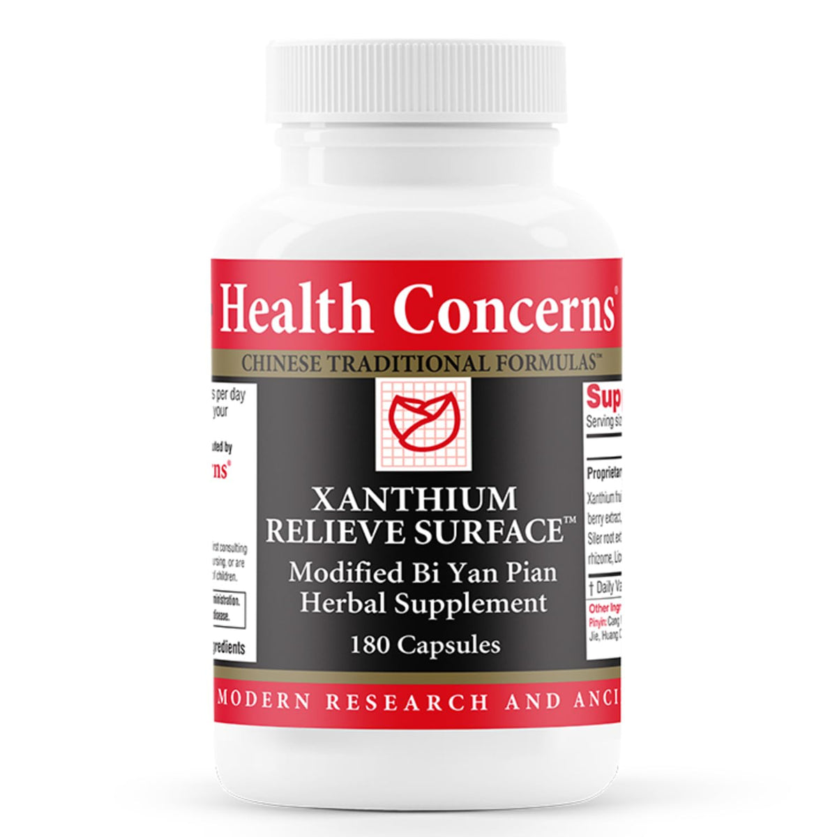 Health Concerns Xanthium Relieve Surface bottle with herbal sinus support.