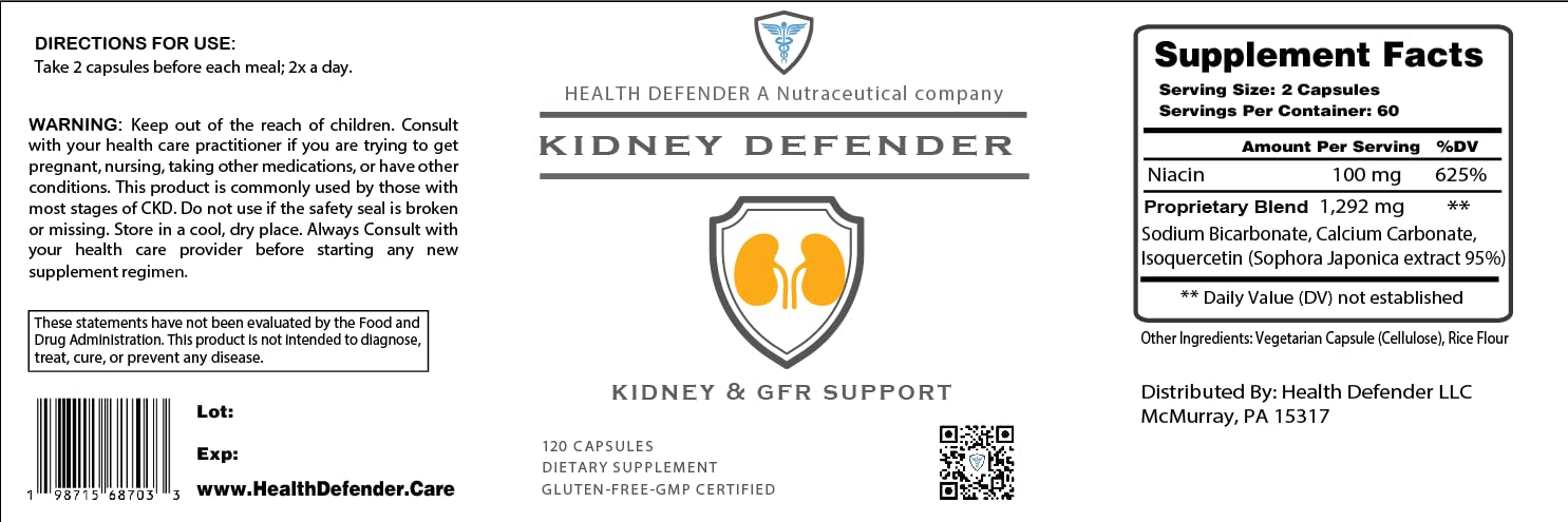 Health Defender Kidney Defender glass bottle with capsules for daily use.