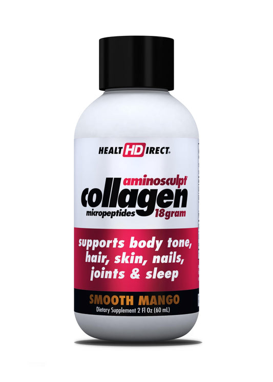HEALTH DIRECT AminoSculpt Mango bottle close-up showing sugar-free collagen shot for joint support.