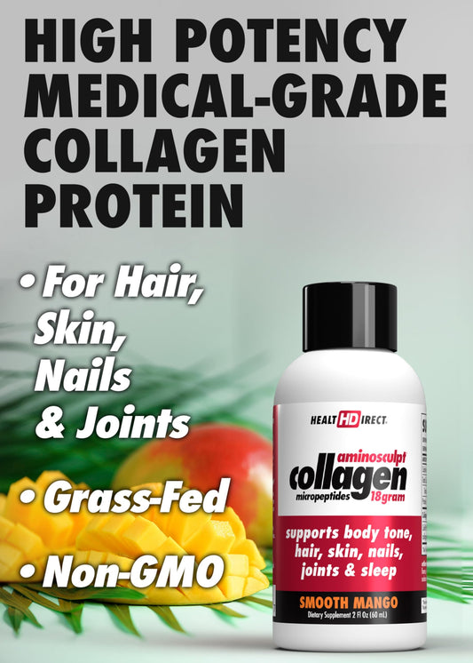 AminoSculpt Mango liquid shot pouring into a glass for easy daily nutrition.