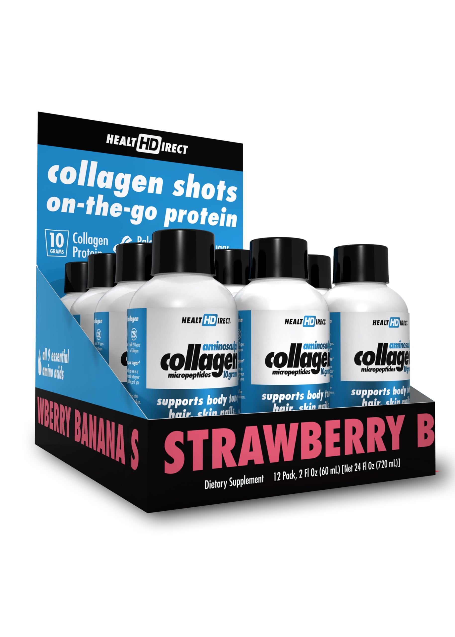 Health Direct AminoSculpt liquid collagen bottle with strawberry-banana flavor supports joints
