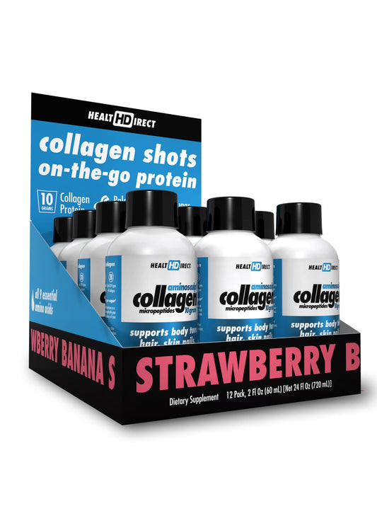 Health Direct AminoSculpt liquid collagen bottle with strawberry-banana flavor supports joints