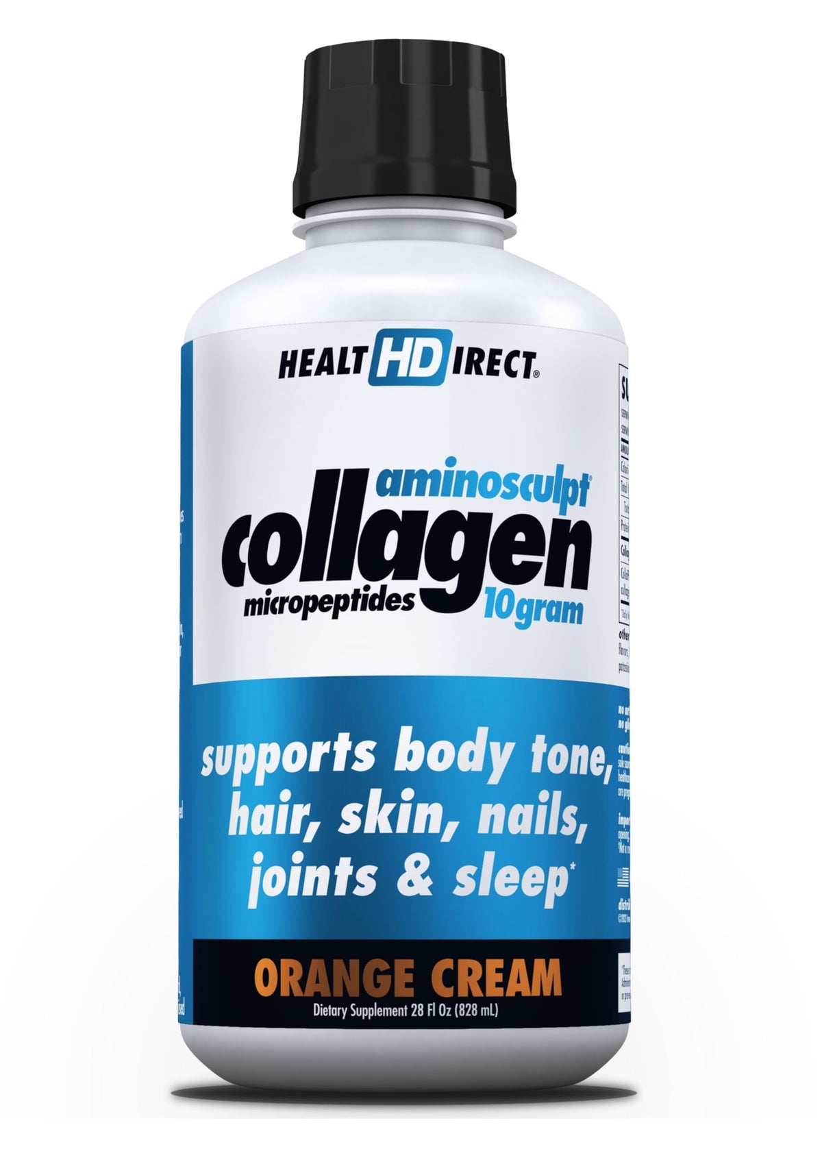 HEALTH DIRECT AminoSculpt bottle pour with orange cream flavor for convenient daily collagen intake