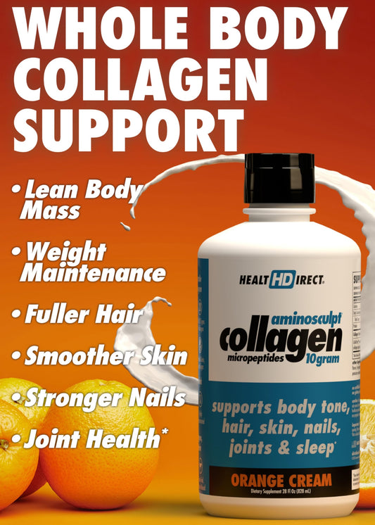 HEALTH DIRECT AminoSculpt bottle side view highlighting premium liquid collagen for women's daily wellness