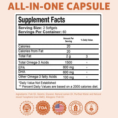 Health Dose Omega-3 lemon softgels pour illustrates convenient two-softgel serving.