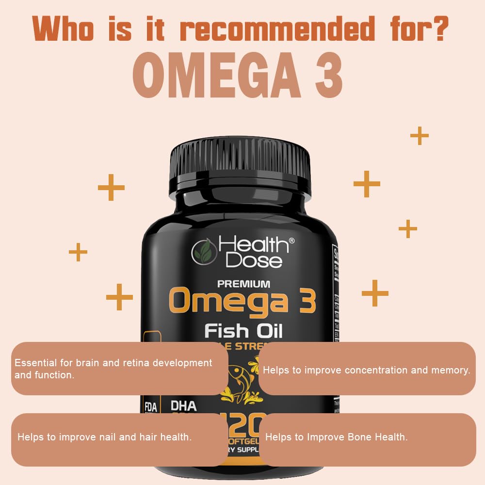 Health Dose Omega-3 lemon softgels with meals suggest daily use.