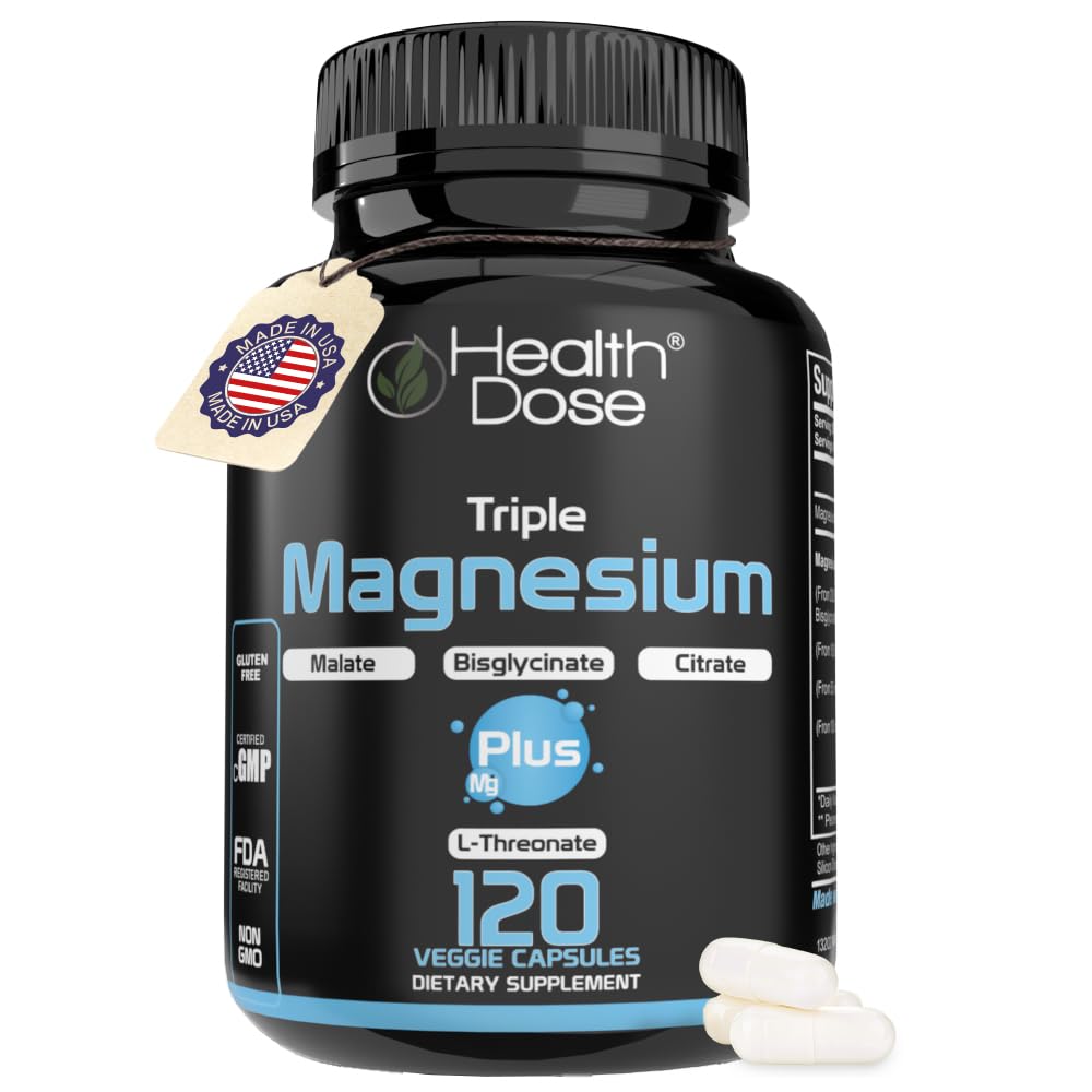 Health Dose Triple Magnesium bottle on shelf signaling daily wellness support.
