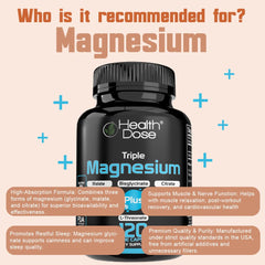 Health Dose Triple Magnesium graphic showing bisglycinate, citrate, malate, and L-threonate.