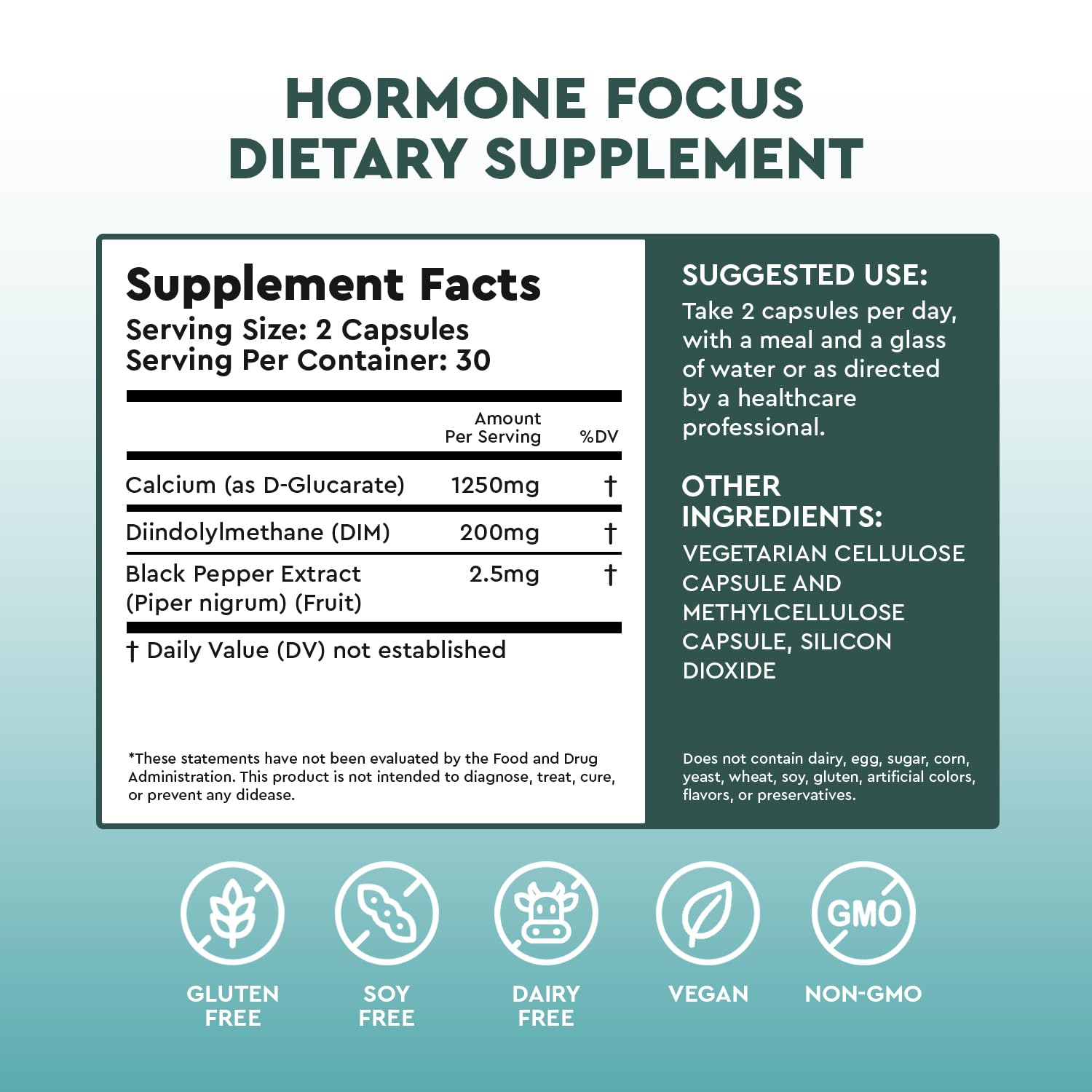Health Focused Hormone Focus label close-up highlights DIM and Calcium D-Glucarate benefits