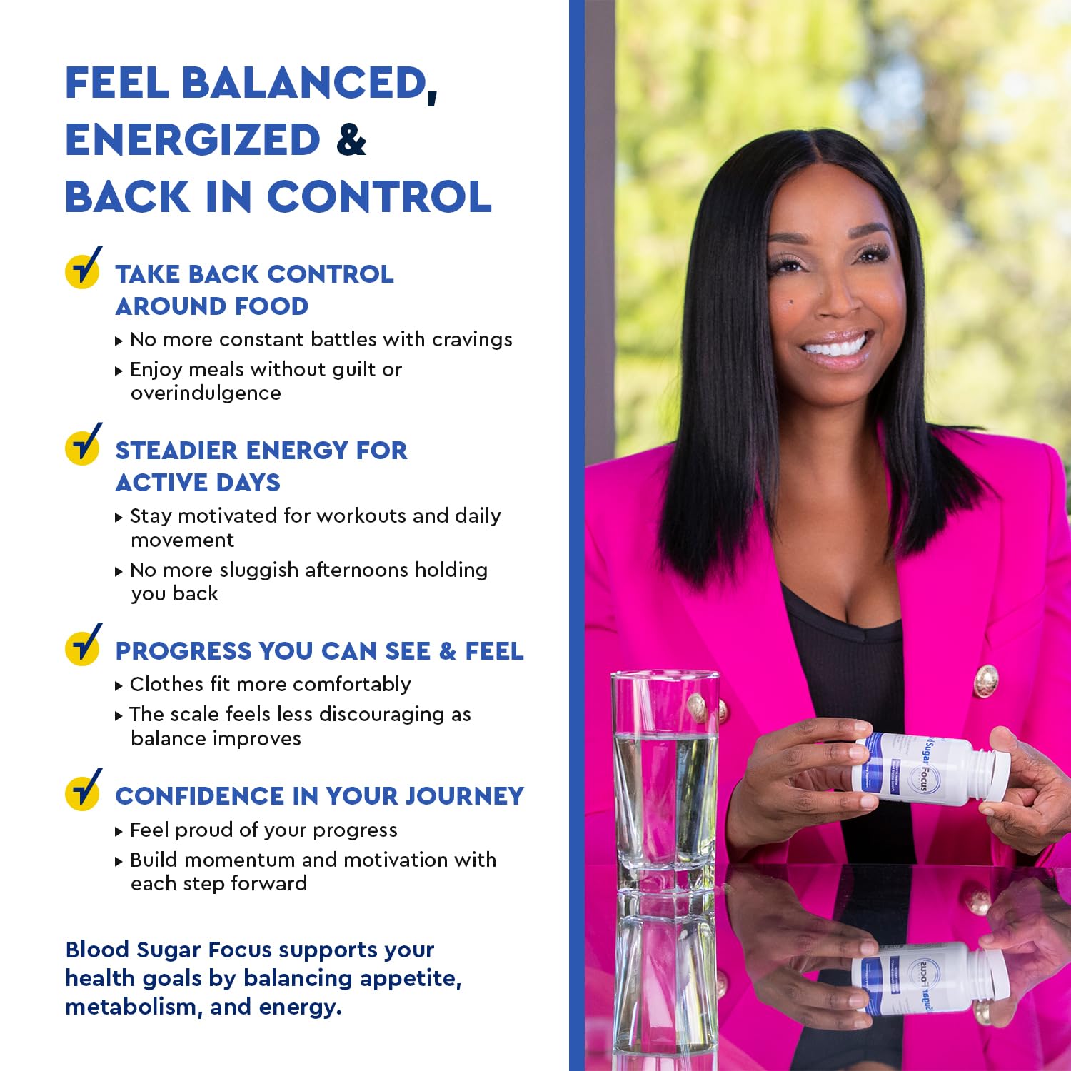 Health Focused JJ Smith Blood Sugar Focus glass with capsules implies routine convenience.