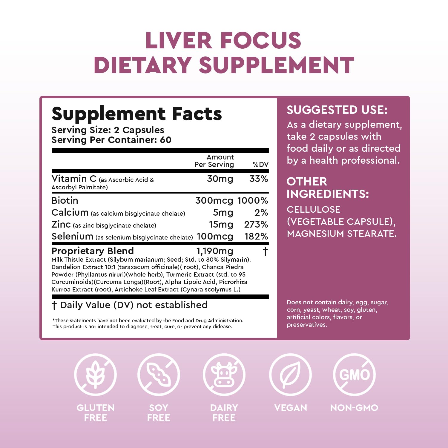 Health Focused JJ Smith Liver Focus bottle label highlighting liver support ingredients.