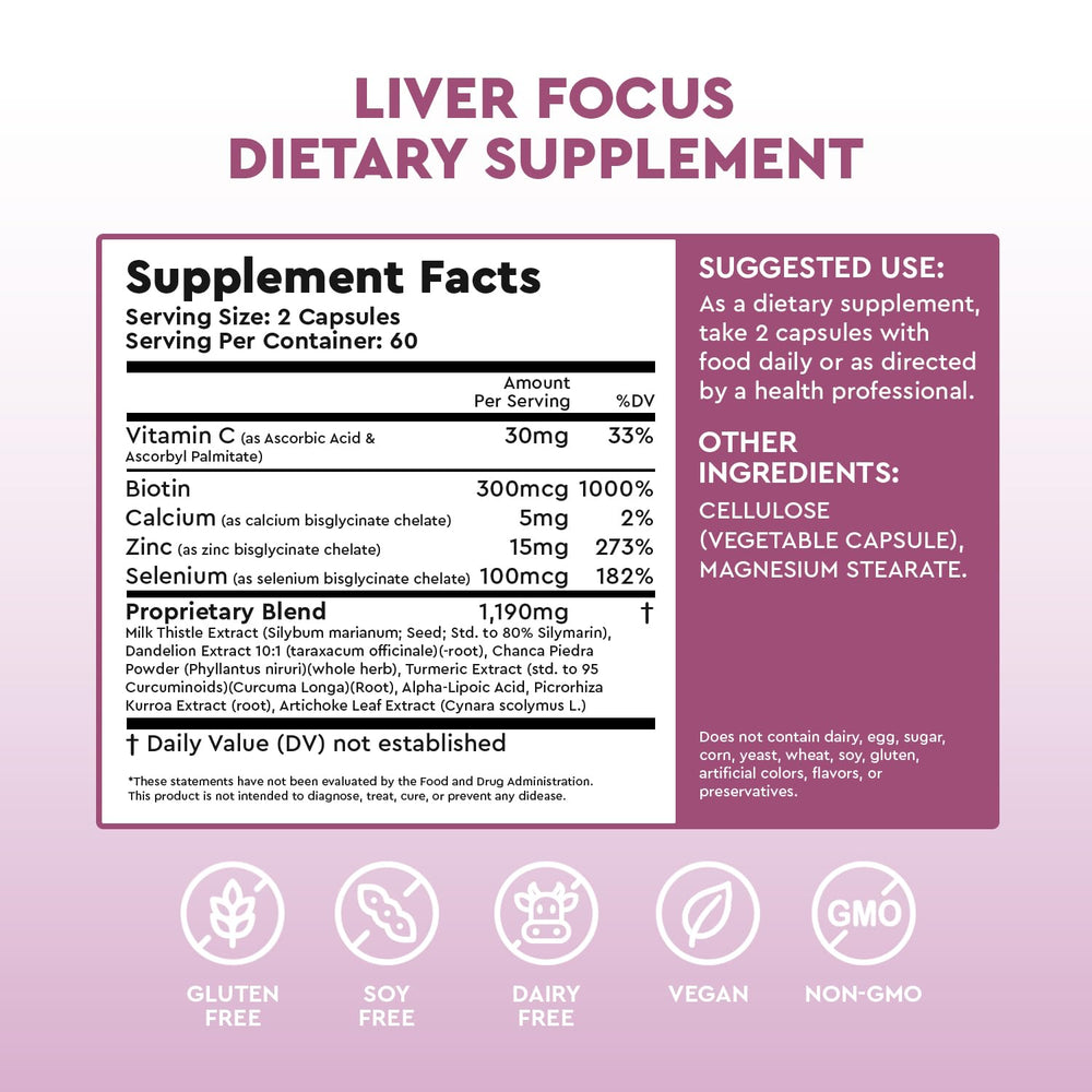 Health Focused JJ Smith Liver Focus bottle label highlighting liver support ingredients.
