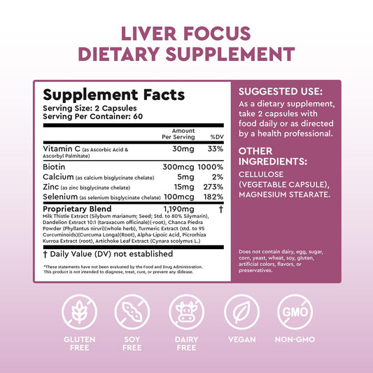 Health Focused JJ Smith Liver Focus bottle label highlighting liver support ingredients.