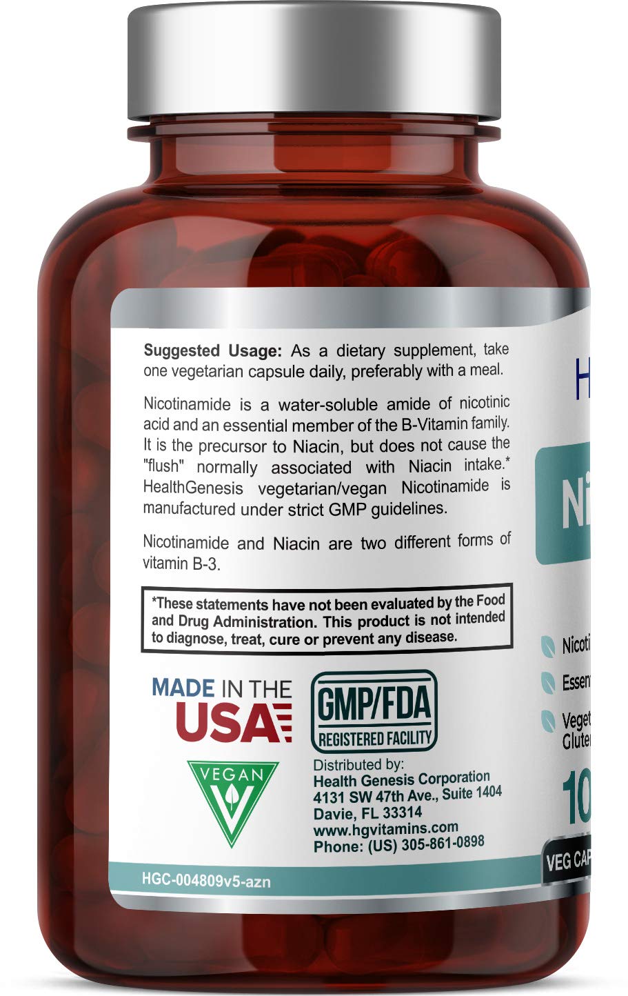 Health Genesis B-3 label closeup highlighting flush-free nicotinamide benefits.