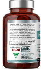 Health Genesis B-3 label closeup highlighting flush-free nicotinamide benefits.