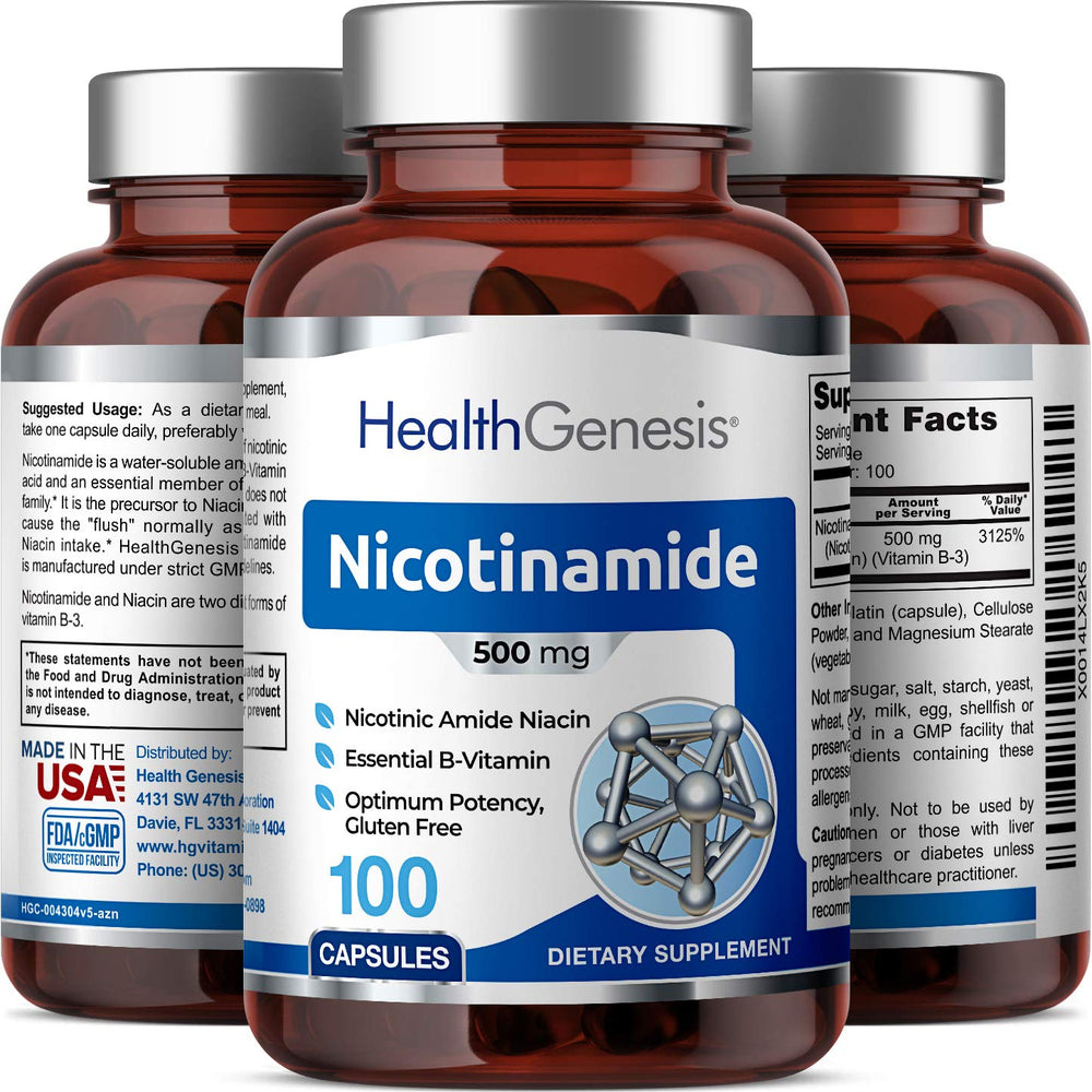 Health Genesis B3 Nicotinamide bottle with glass of water for easy daily routine.