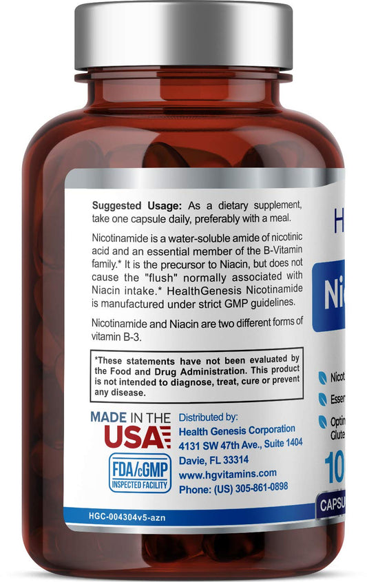 Health Genesis B3 Nicotinamide capsules arranged on a white surface for daily skin support.