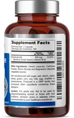 Close-up of Health Genesis B3 Nicotinamide label highlighting 500 mg dose.