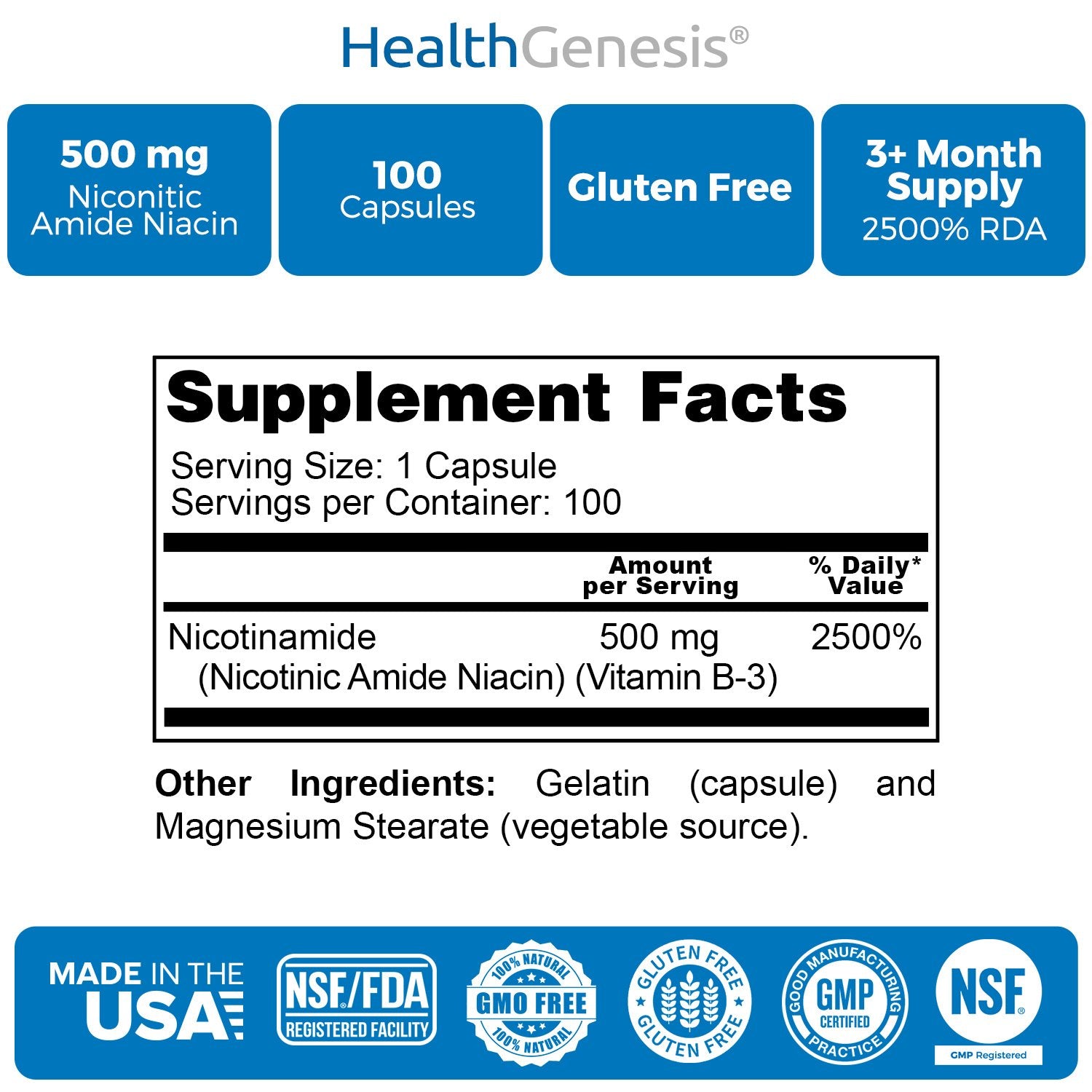 Health Genesis B3 Nicotinamide packaging with a seal indicating quality manufacturing.