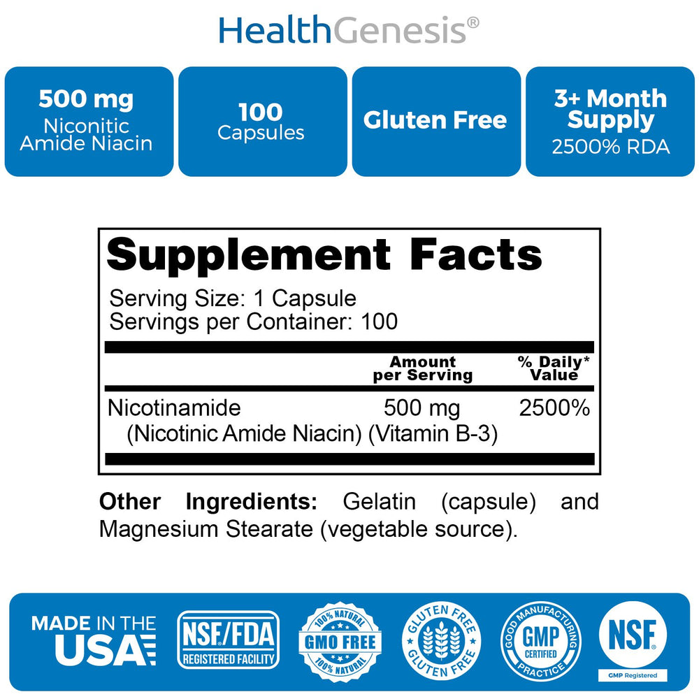 Health Genesis B3 Nicotinamide packaging with a seal indicating quality manufacturing.