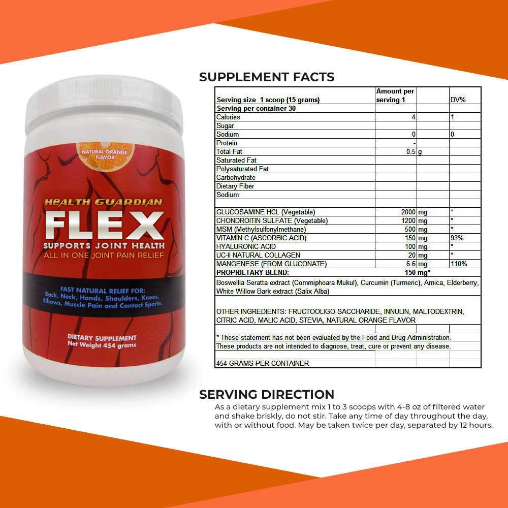 Scoop of Health Guardian Flex Orange powder dispensed into a glass for easy mixing